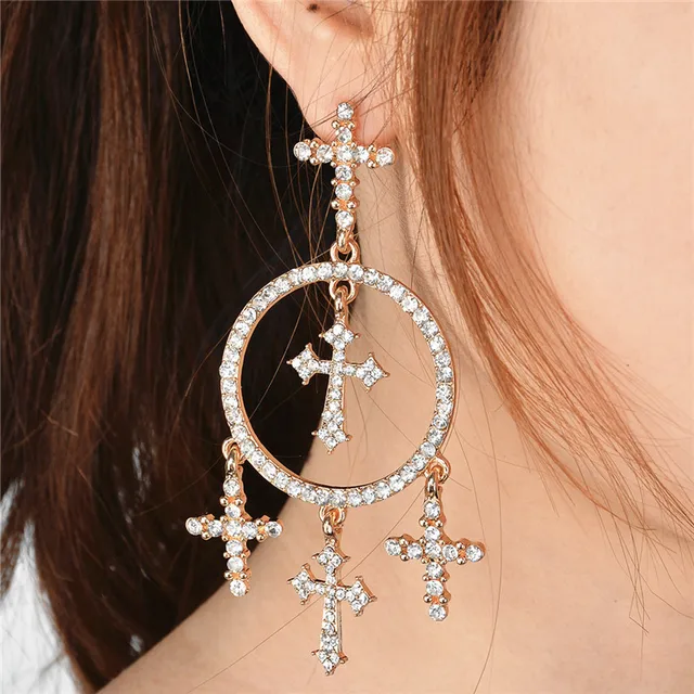 2017 New Rock Punk Feminine Super Y Gold Long Oversized Cross 2017 New Rock Punk Feminine Super Y Gold Long Oversized Cross Statement Drop Earrings Large