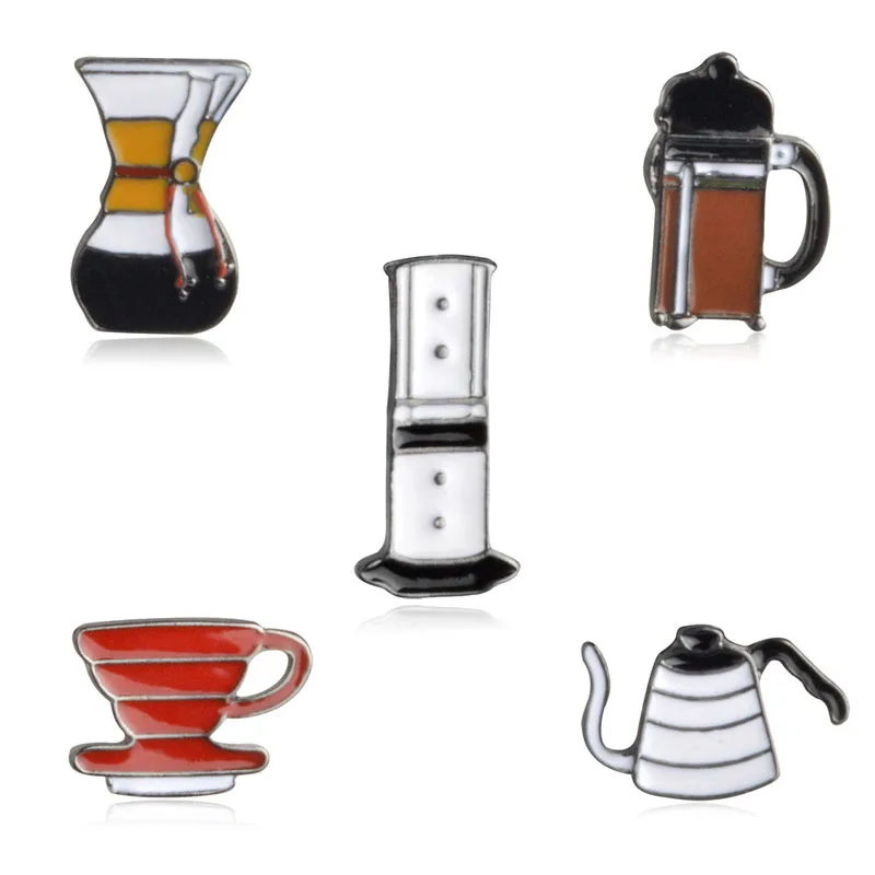 

Delicate Coffee Series Badges Shape Hand-Punch Pot Coffee And filter Cup Chemex Brooch Fashion Jewelry Wholesale