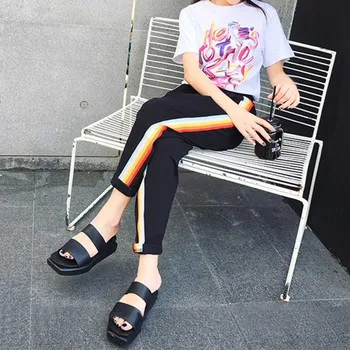 

2018 Womens Casual Pants Loose Drawstring Rainbow Striped Trousers Students Harem Pants Sweatpants H8