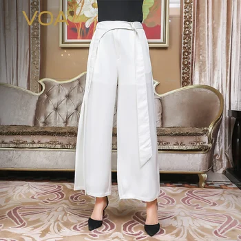

VOA Heavy Silk White Office Ladies Wide Leg Pants Women High Waist Long Pants Autumn Basic Loose Large Size Palazzo Solid K729