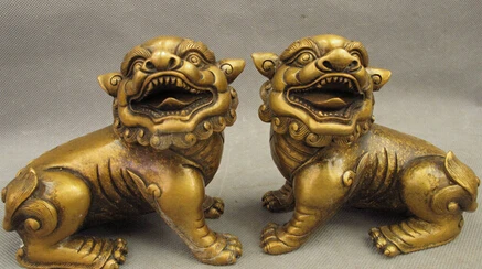 

0Folk Chinese Bronze FengShui Guardian Expel Evil Foo Fu Dog Lion Statue Pair