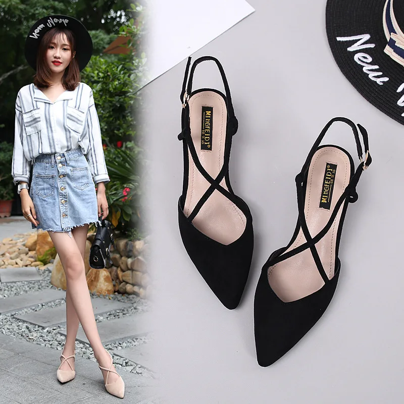 Pumps Shoes Women 2019 Summer Sandals Solid Flock Square High Heel Pointed Sandal Female Sexy Party Leisure Fashion Trend | Обувь