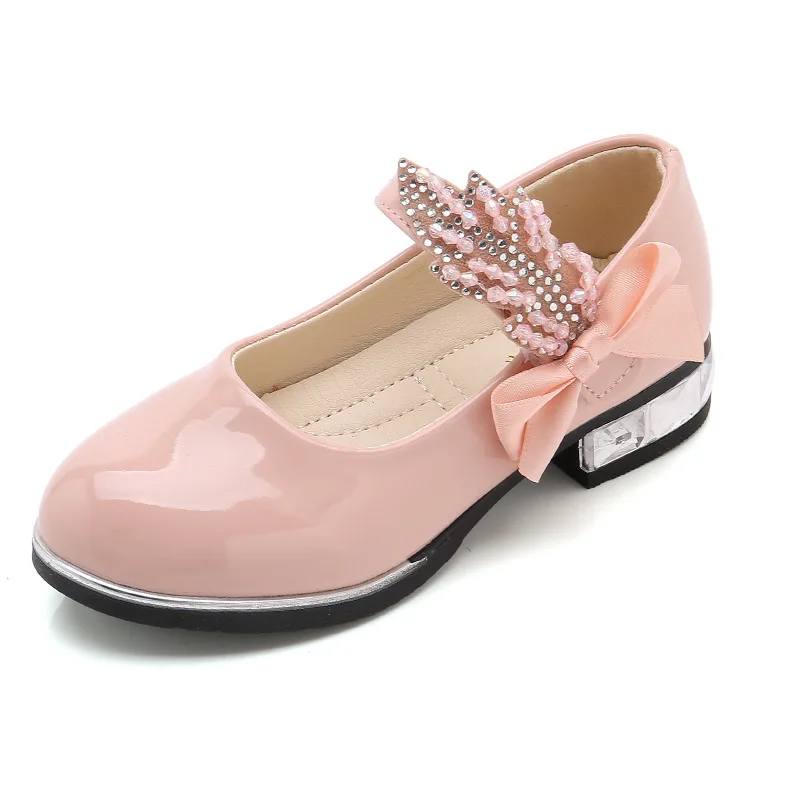 Детские сандалии для принцесс; детская Свадебная обувь для девочек; модельные туфли на высоком каблуке; повседневная обувь для девочек из золотистой кожи с бантом