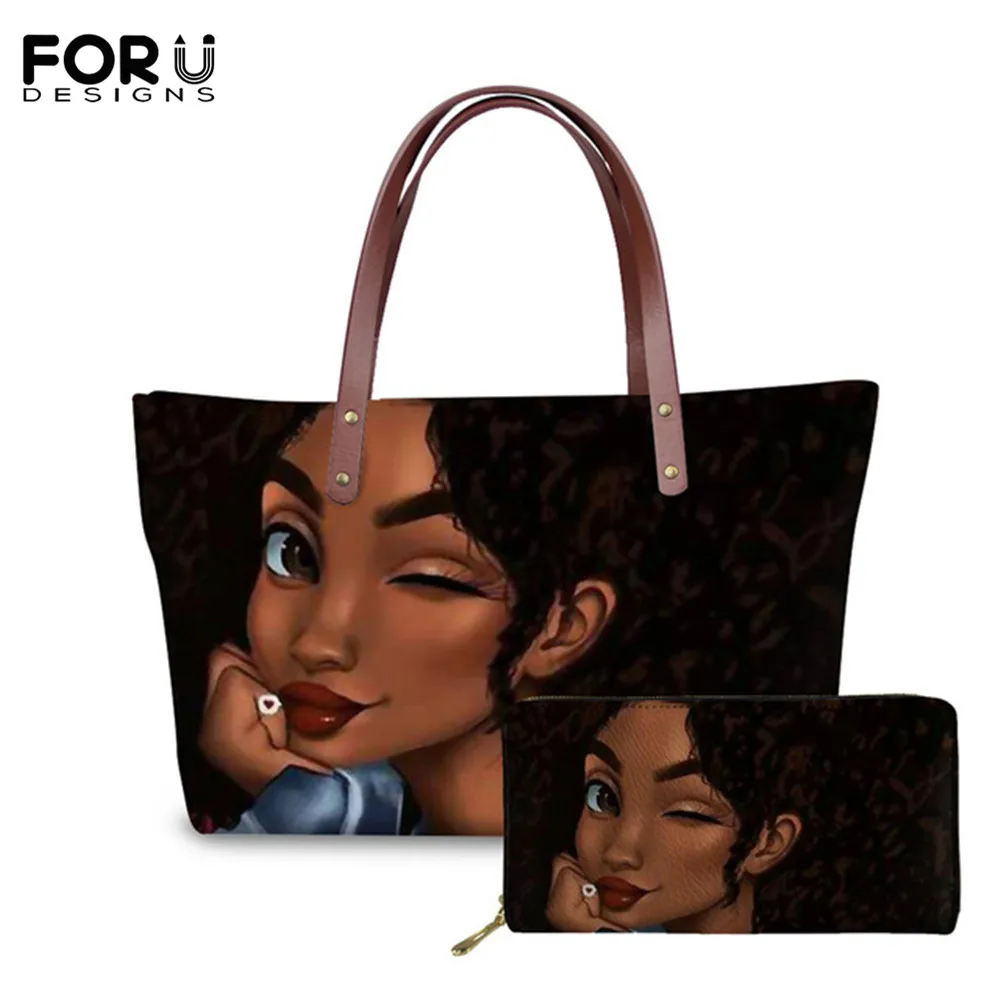 

FORUDESIGNS 2019 Luxury Women Handbags Black Art African Girl Printing Ethnic Style Tote Bag Wallets Woman Top-Handle Bags Purse