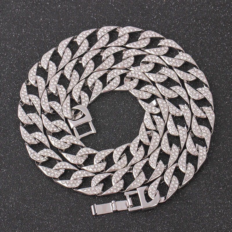 Silver Crystal Rhinestone Link Chain Necklace For Rock Cool Men Charms Jewelry Shellhard Hip Hop Cuban Chain 66cm Wedding Gift