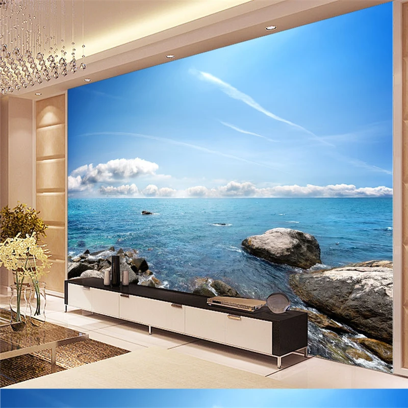 

beibehang Blue sky and white clouds romantic seascape stone wall murals large custom backdrop bedroom living room sofa