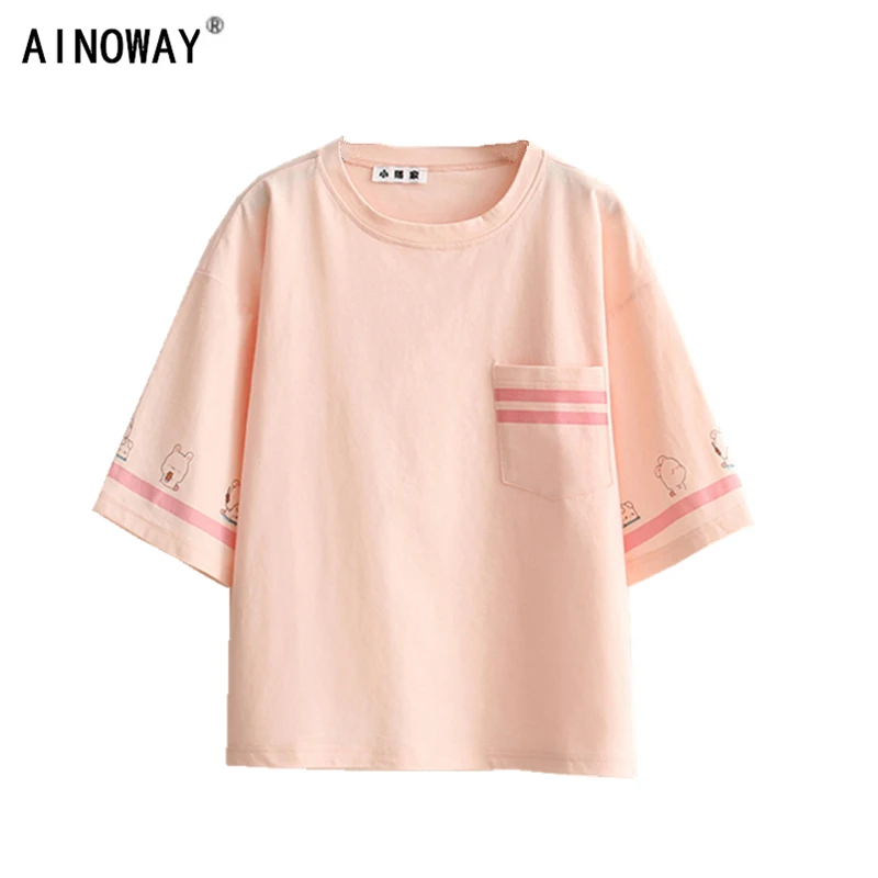 

Summer 2018 fashion new women harajuku kawaii short sleeve t shirt crop tops pocket printed cotton loose t-shirt female