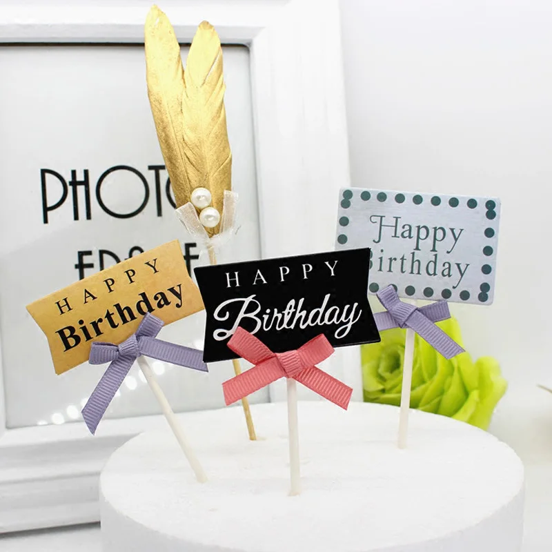 5pcs Cupcake Topper Pink Happy Birthday Bowknot Cake Topper DIY Gifts ...