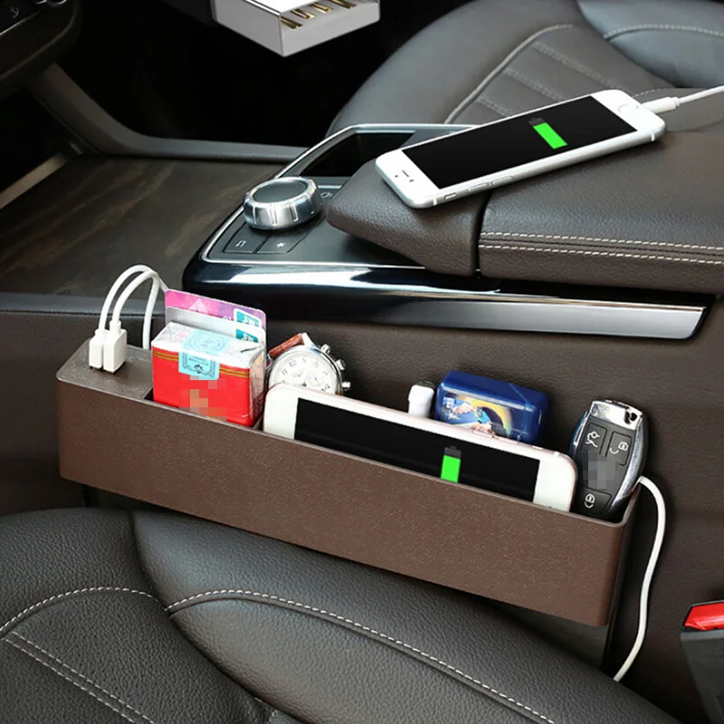 

Universal Car Seat Crevice Storage Box Gap Auto Console Side Pocket with Cigarette Lighter USB Holder Phone Pad Card Organizer