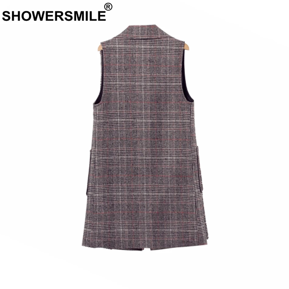 SHOWERSMILE Plaid Vest Women Gilet Long Spring Casual Waistcoat Female Sleeveless Jacket With Pockects 2019