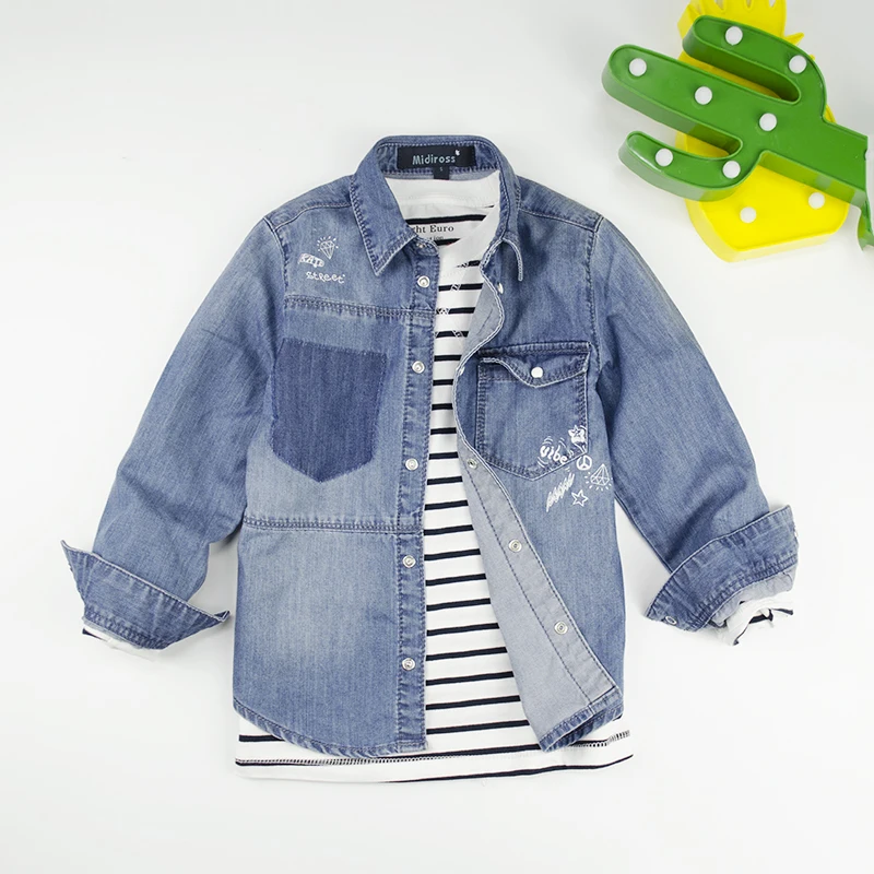 1Boys Denim Shirts Blouses Long Sleeve Kids Jeans Tops Letter Cartoon Printed Cowboy Outwear
