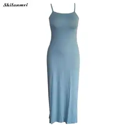 Светло голубой молочное шелковое платье для женщин Лето 2019 длинный тонкий спагетти ремень платья для Модные с боковыми Винтаж Платье