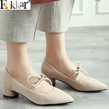 

Eokkar 2019 Wome Pumps Square Heel Flock Women Shoes Platform Red All Match Casual Elegant Shoes Ladies Pumps Big Size 34-43