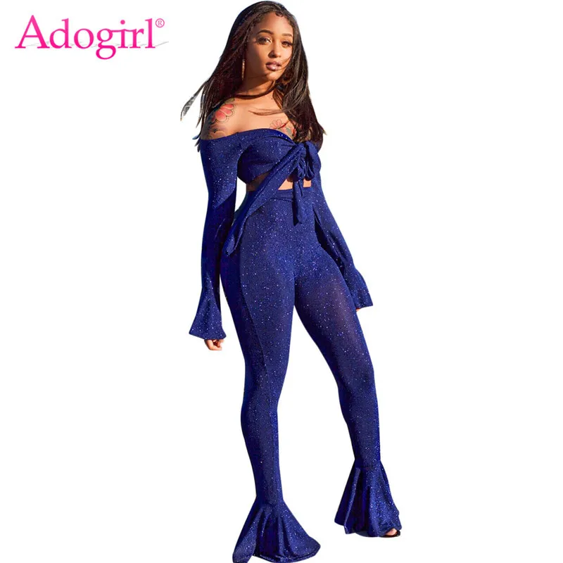 Tanie Adogirl błyszczące srebro drut dwuczęściowy zestaw krawat łuk Off ramię długi rękaw dzwonkowy krótki top Skinny spodnie flare wysoka rozciągliwość strój