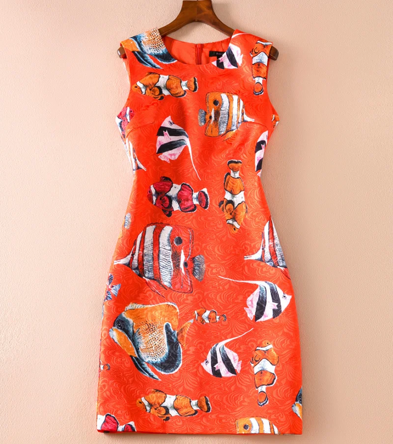 

Fashion Cartoon Fish Print Women Dress Elegant O-Neck Sleeveless Sheath Dresses