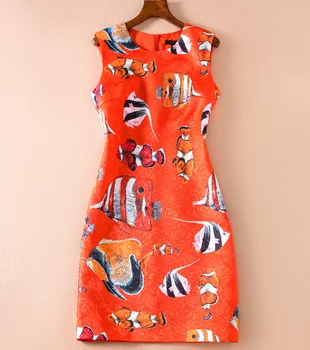 

Fashion Cartoon Fish Print Women Dress Elegant O-Neck Sleeveless Sheath Dresses