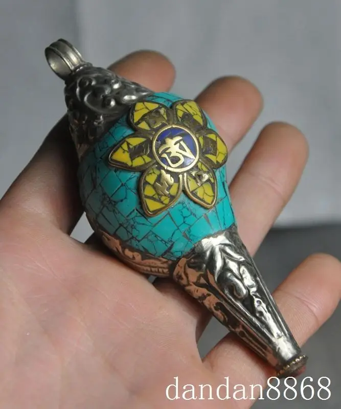 

christmas Rare Old tibet buddhism silver Inlay turquoise Coral Conch Shell Trumpet Horn halloween