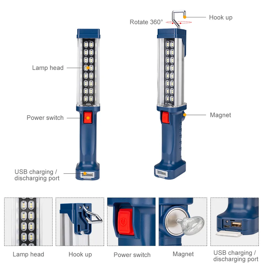 Lanterna de Trabalho Lâmpada de Trabalho Luz ao ar Poderosa Super Brilhante Recarregável Magnético Pendurado Gancho Embutido Bateria Tocha Livre Usb 7 High Quality Luzes e Iluminação