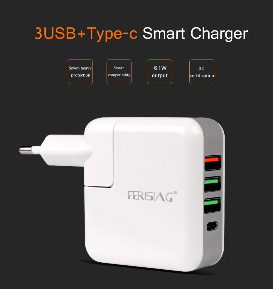 FERISING 60 Вт usb type-C настенное зарядное устройство QC3.0 QC4.0 мощность для Apple MacBook/iPhone XS XR/Xiaomi USB-C быстрая PD Быстрая зарядка 3,0 4,0