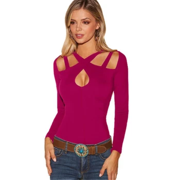 

Women Summer Blouse Top Long Sleeve Ladies Casual Strappy Cold Shoulder Shirt Hole Ripped Cloth