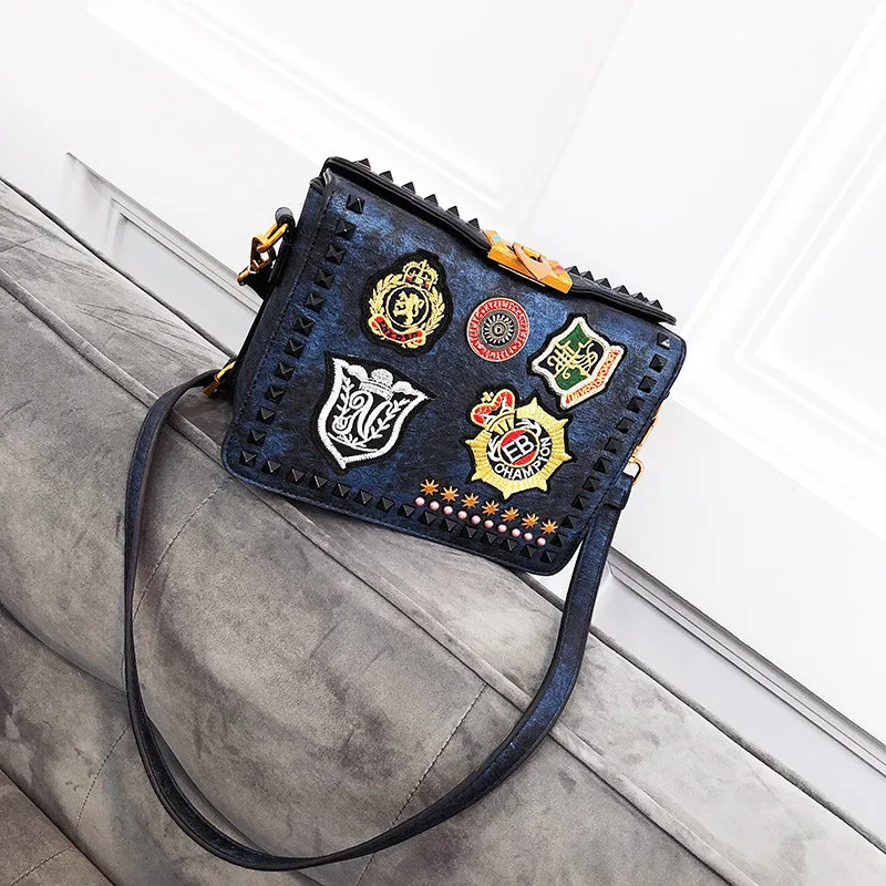Rivet Women Embroidery Monogram Handbag Badge Pattern Female Shoulder