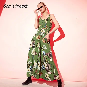 

Samstree Floral Print Off Shoulder Strap Dresses Fashion Sexy Backless Women Party Dress 2019 Summer Elegant Female Long Dress
