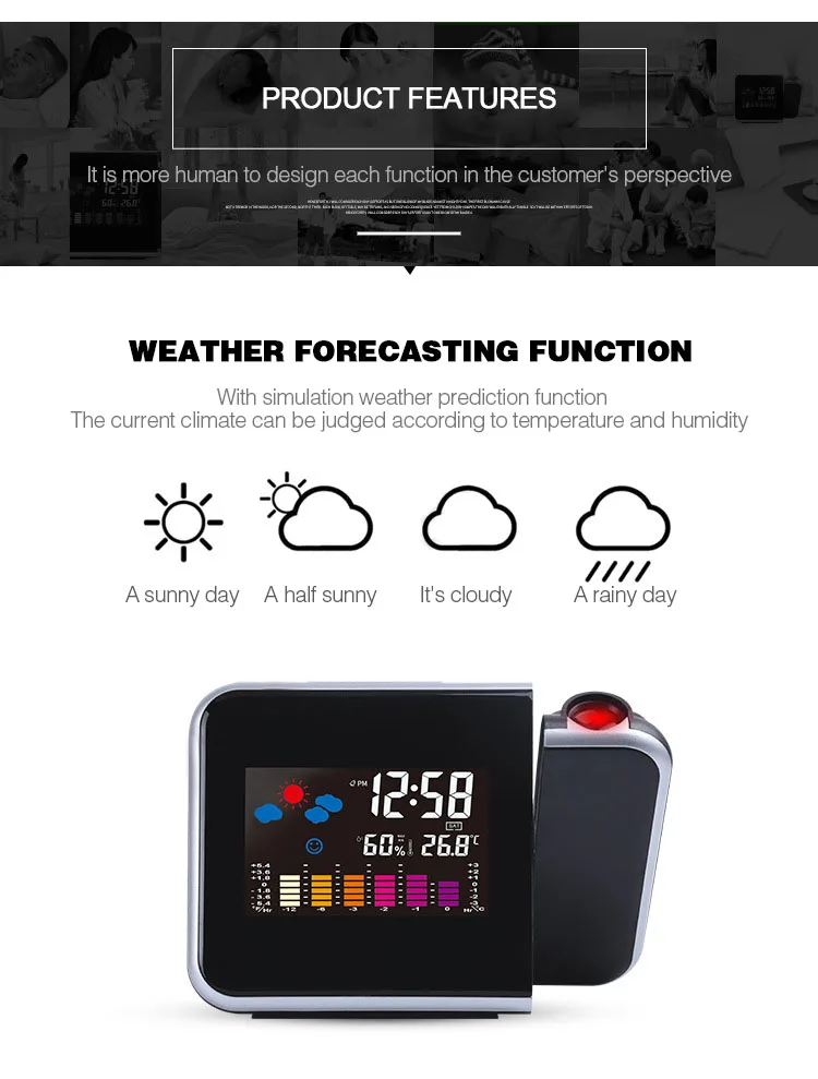Loskii DC-003 Digital Wireless Hygrometer Therometer LED Projection Weather Station Alarm Clock 
