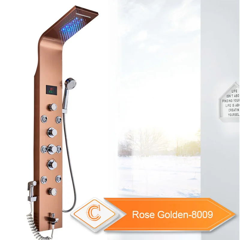 Rose Golden 8009 Светодиодный светильник смеситель для душа водопад дождь черная душевая панель в стене Душевая система с спа распылитель для массажа Биде Насадка для душа - Цвет: Rose Golden 8009
