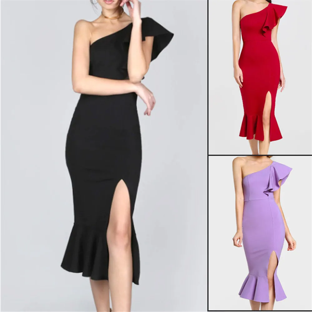 

Joineles Sexy One Shoulder Ruffles Split Bodycon Women Midi Dress 3 Solid Colors Sheath Party Club Vestidos Femme Summer Dress