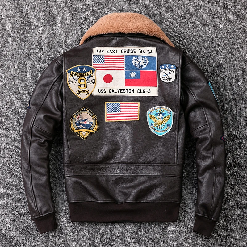 2019 Brown Men TOP GUN Pilot Leather Jacket Wool Collar Plus Size XXXL Genuine Cowhide Winter Russian Aviator Coat FREE SHIPPING