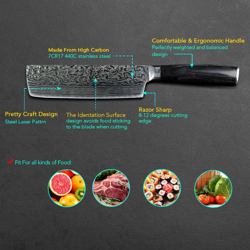 Online Cuchillos de Chef cuchillo de cocina 7 pulgadas japonés 7CR17 440C alto carbono Acero inoxidable imitación Damasco lijado láser Santoku cuchillo