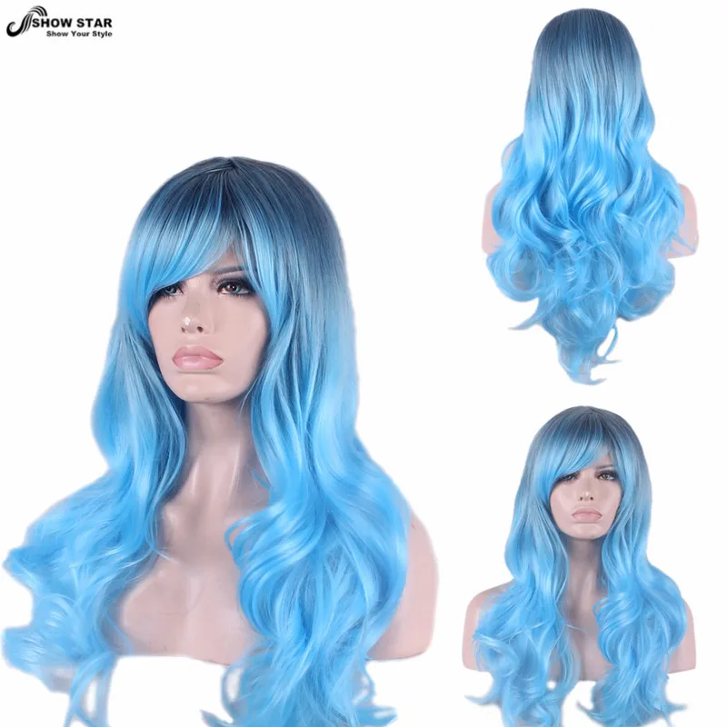 

Free Shipping Sky Blue Ombre Wig Black Root Long Wavy Curly Wig with Bangs Pelucas Sinteticas Cosplay Wig Peruca Longa Halloween