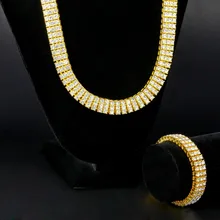 2015 Venta Caliente de Los Hombres de Hip Hop Bling Iced out 3 Fila Collar y Pulsera de cadena Pesada Y larga Oro Plata Negro Conjunto para hombres