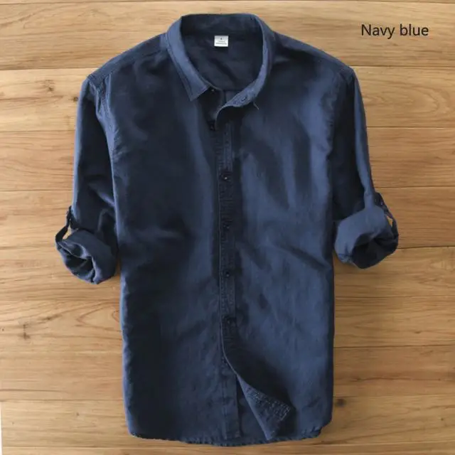 Высокое качество Новая мода Для Мужчин's Длинные рукава льняные рубашки повседневные рубашки с отложным воротником для мужчин однотонные хлопковые рубашки Для мужчин s Топы зауженного кроя с S-3XL - Цвет: Navy blue