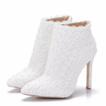 

Spring Autumn White Bridal Flowers Party Wedding High Heels Ankle Boots Women Plus Size Shoes Pointed Toe Booties 2019 XY-A0162