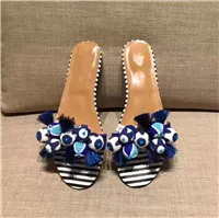 Лидер продаж; Стильная Милая обувь; женские замшевые Босоножки с открытым носком на квадратном каблуке; sandalia feminina; пикантные женские босоножки с украшением в полоску, Украшенные бусинами - Цвет: Blue Slipper