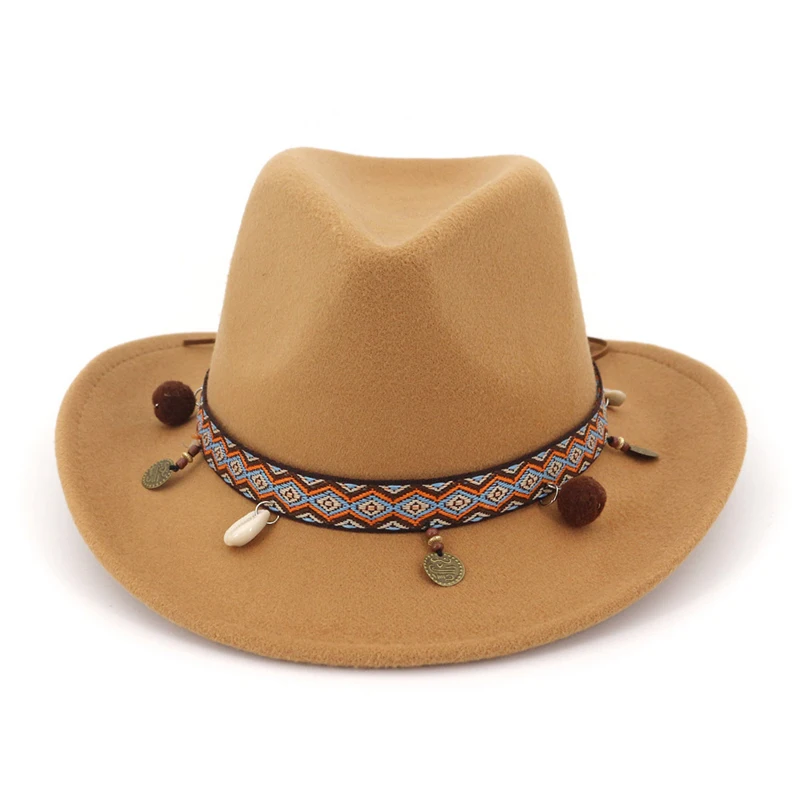 QIUBOSS Мужская и Женская шерстяная фетровая ковбойская фетровая шляпа с лента в этническом стиле австралийская мягкая фетровая шляпа в джазовом стиле широкополая шляпа