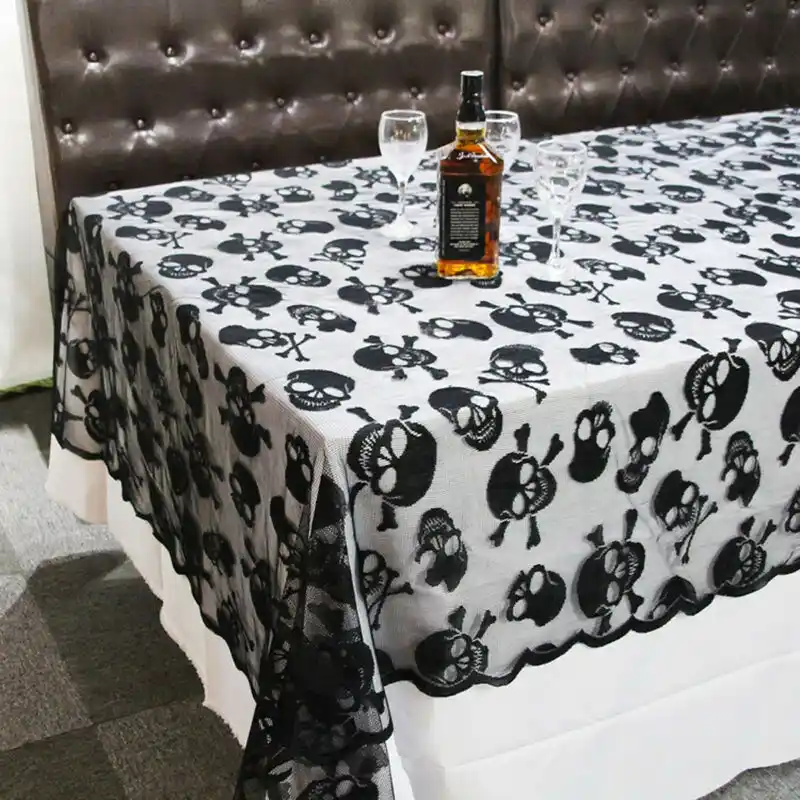 Spooky Lace Table Cloth Skulls Roses spider web Black Lace Halloween Tablecloth