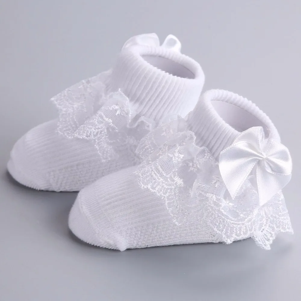Baptism Party Solid White Newborn Baby Girl Socks;Ruffles Golden Flower