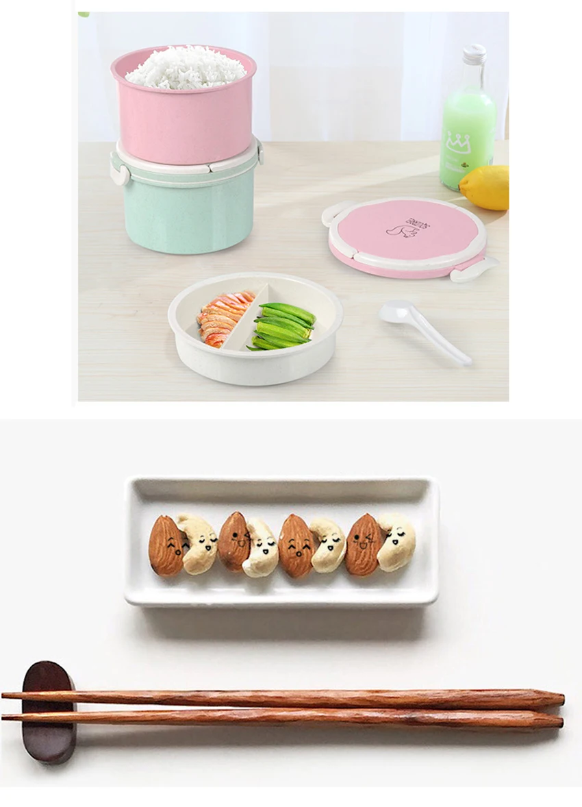 LIYIMENG Plastic Microwave Round Lunch Box 2 Layer Portable Dinnerware Food Storage Container Lunchbox For Picnic Office Workers A3