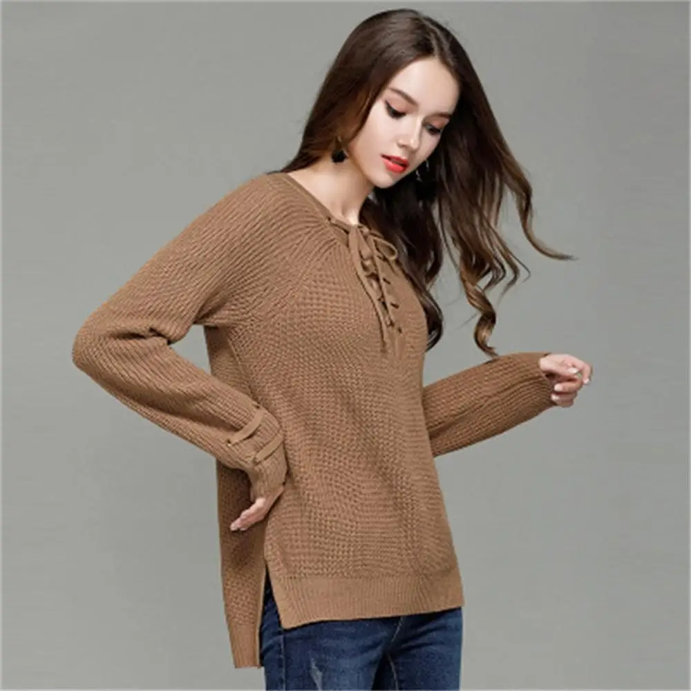 2018 Fashion Autumn Long Sleeve Solid Color Sweaters Winter Women Sweater Bandage V-Neck Knitted Pullover Slim Casual FemaleSexy | Женская