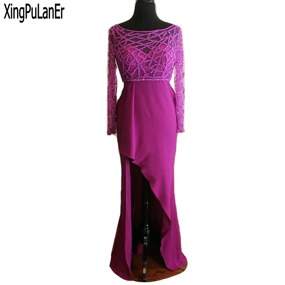 

robe de soiree A Line Scoop Neck Long Sleeves Beaded Top Sheer See Through High Split Slit Long Purple Red Evening Dress