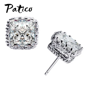 PATICO New Arrival 925 Sterling Silver Stud Earrings With 6MM Square Cubic Zirconia Ear Brincos Free Shipping For Women's Gift