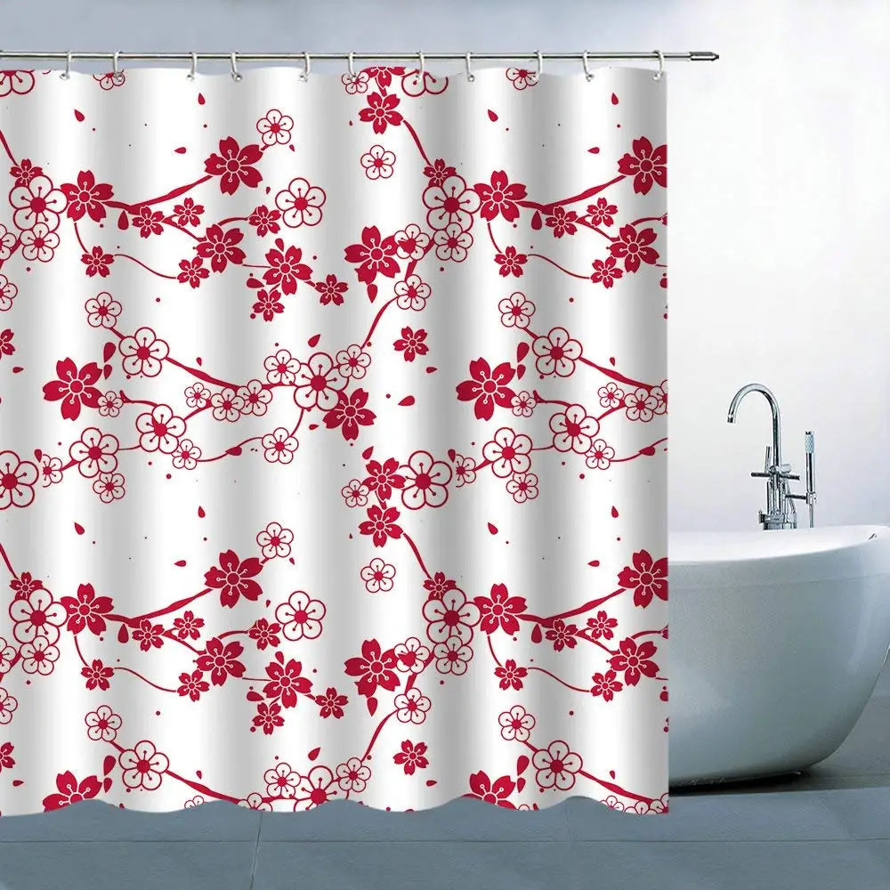 

Peach Cherry Red Flower Blossom White Background Pattern Shower Curtain,Fabric Bathroom Shower Curtain Set
