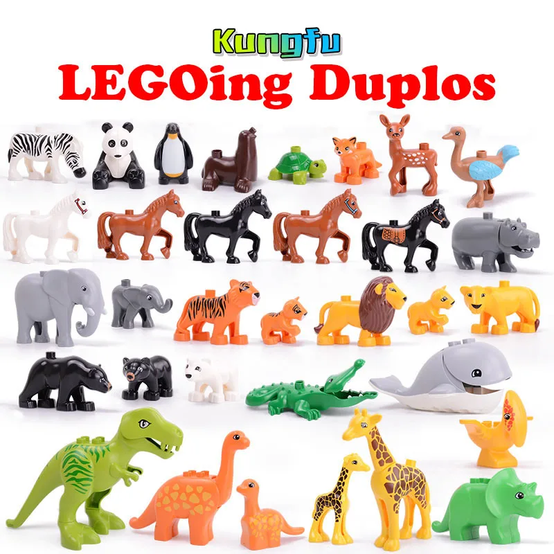 Legoing Duploed Animal Series Model Figures Dinosaurs Lion Big Building Blocks Animals Educational Toys For Kids Children Gift