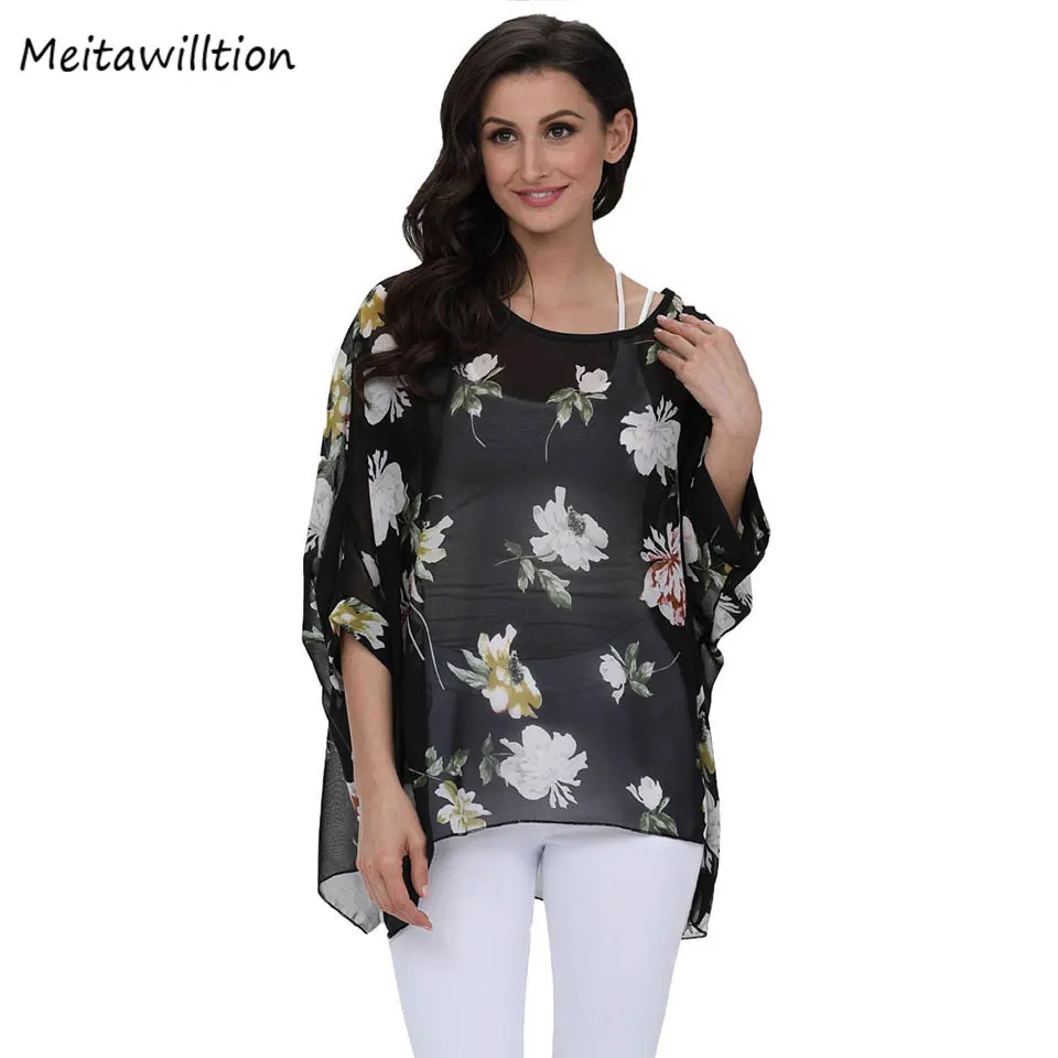 Meitawilltion/Летняя женская шифоновая блузка, рубашка, повседневная Солнцезащитная рубашка с цветочным принтом, большие размеры 6XL, рубашка в стиле бохо