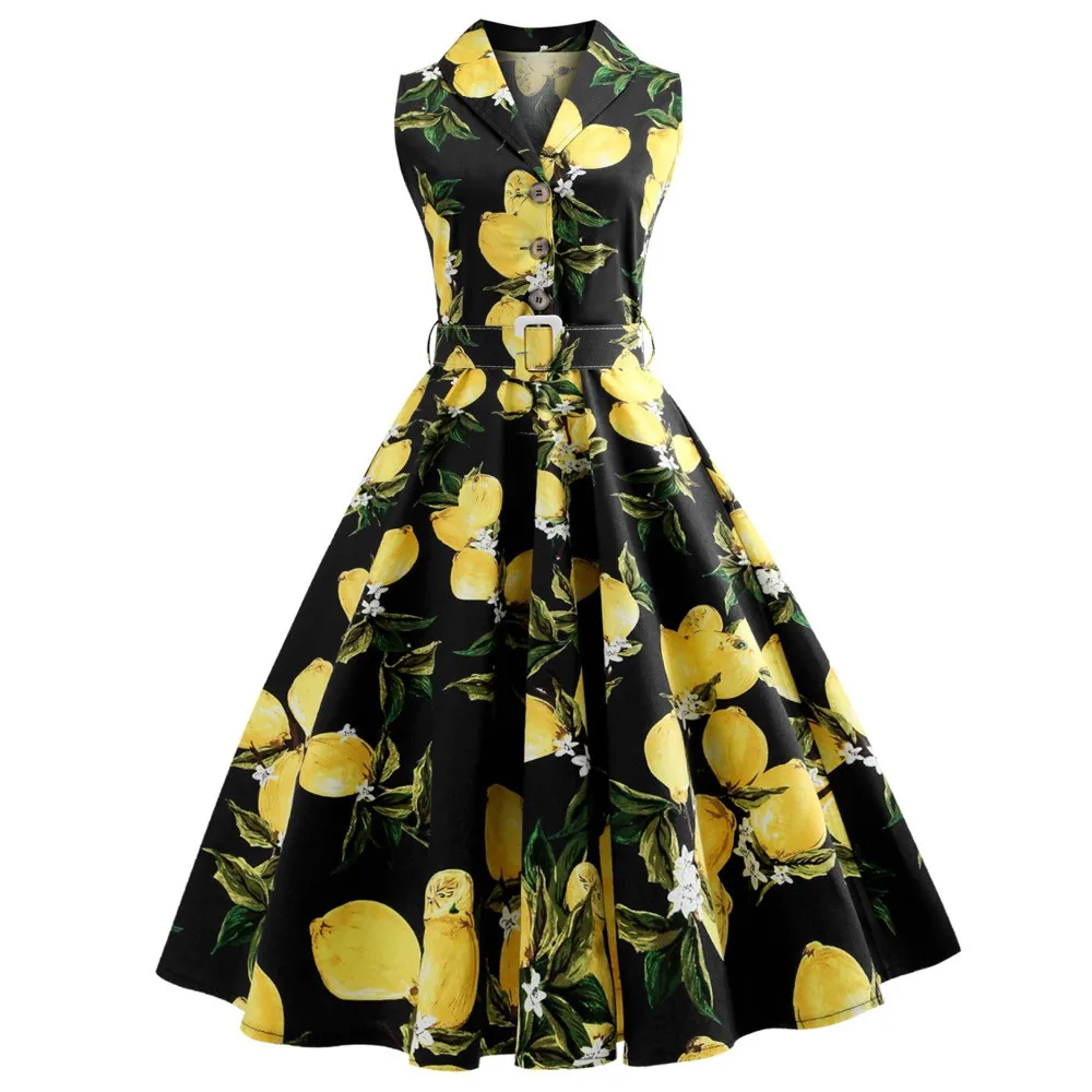 Aovica S-5XL размера плюс, принт с лимонами, летнее платье Винтаж платье отложной Ремни Кнопка Для женщин в ретро-стиле; элегантные вечерние офисное платье vestidos