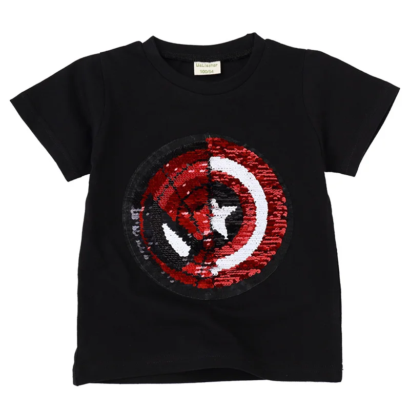 Детские крутые футболки с супергероями доступны для мальчиков и девочек, с двусторонними блестками, с изображением Человека-паука, Железного человека, топы, детские футболки - Цвет: Black Marvel Heroes