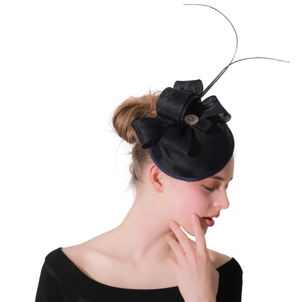 

Navy Black Fancy Feathers Fascinator Hats Ladies Imitation Sinamay Chapeacu Caps Wedding Women Millinery Cap With Hair Clips