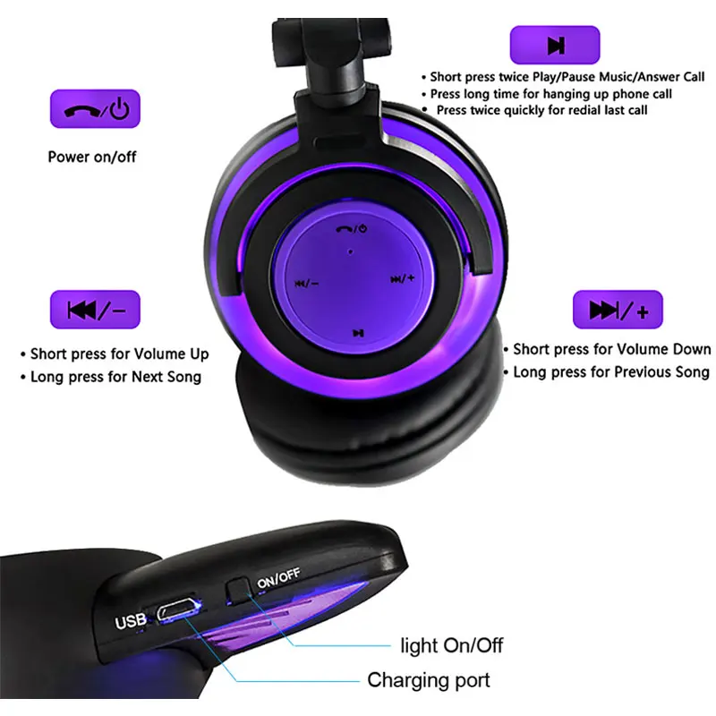 Kids Headphone LED Headphone Cat Ear Girl Headset Cute Candy Color Foldable Wireless Bluetooth Wired Flashing for Gaming
